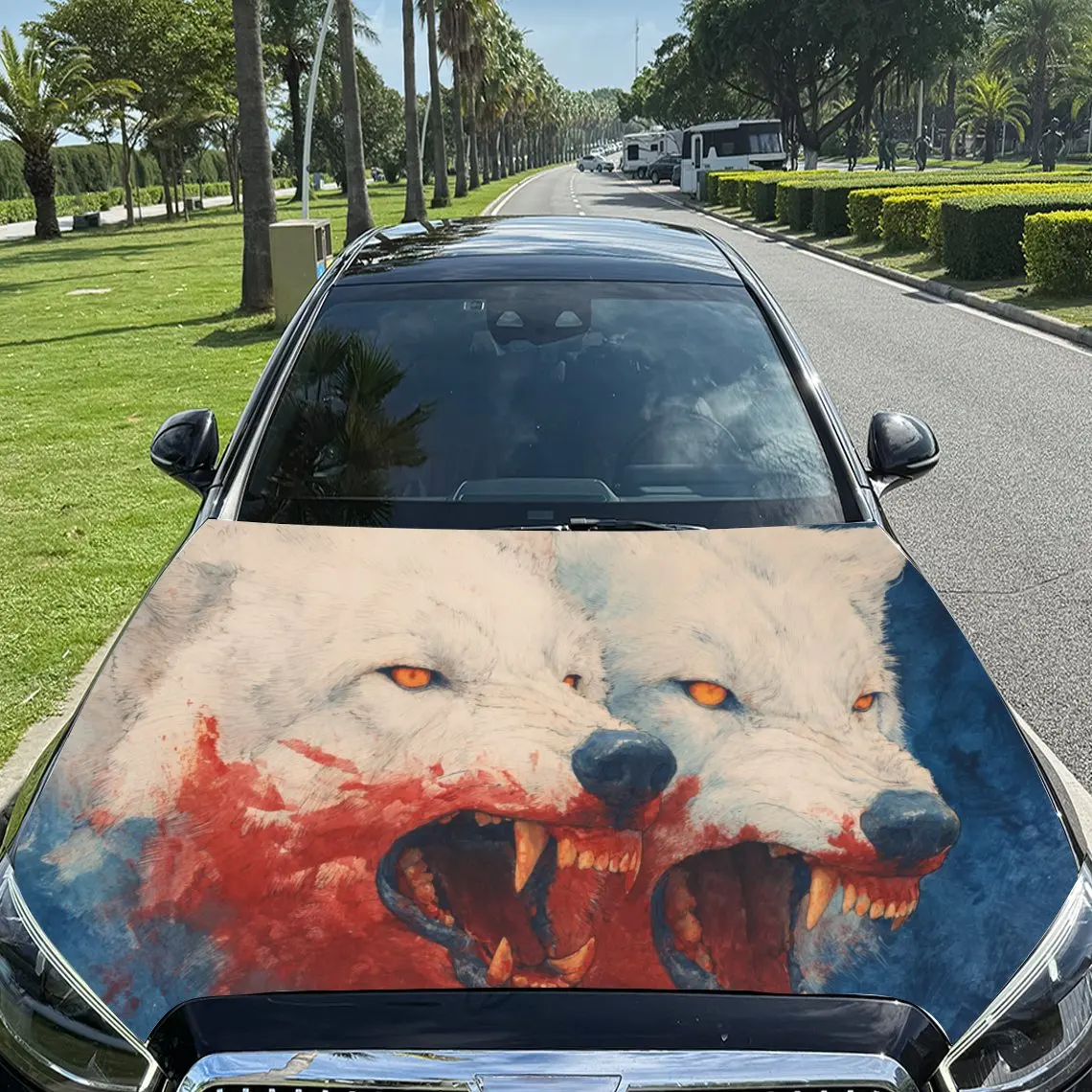 Dynamic Blood Wolf Pack Car Hood Sticker, Waterproof Self-adhesive Vehicle Vinyl Wraps Decal, Trendy Auto Exterior Decoration, A