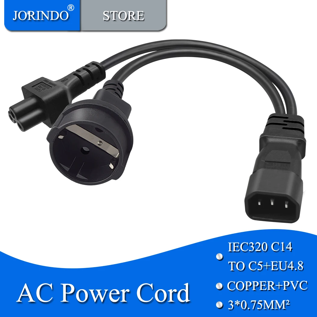 JORINDO IEC C14 TO C5+EU4.8MM Y Splitter Power Plug Cord,IEC320 C14 TO German standard socket+C5 3 holes Power conversion cable