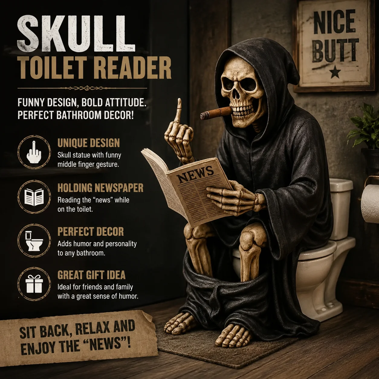 New Skeleton Figures Grimreaper Middle Finger Figure Toilets Skull Statue Halloween Decoration for Home Office Desk Gifts
