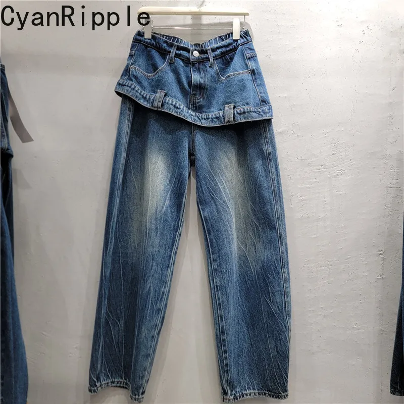 2026 New Autumn All-match Elastic High Waist Casual Denim Pants Spice Girls Faux Two-piece Floor-length Wide Leg Blue Jeans
