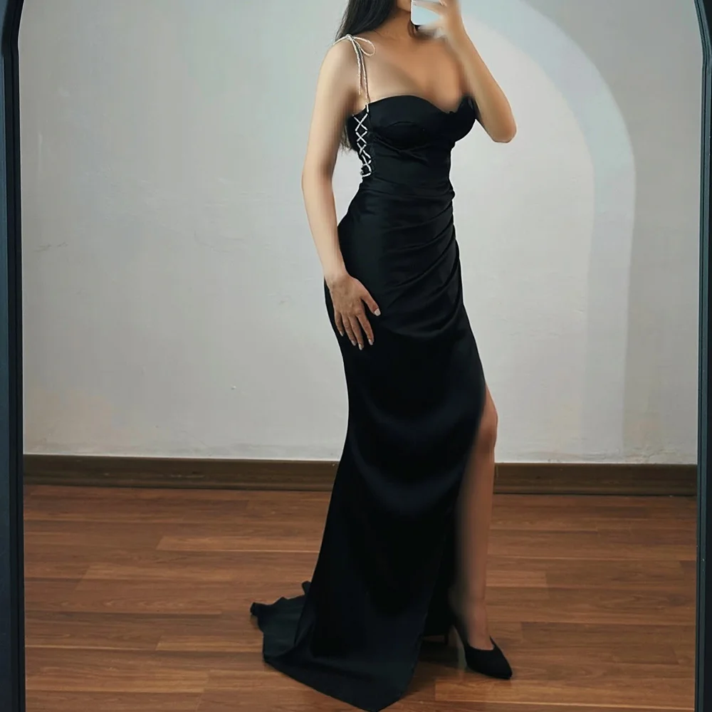 

Satin Straight Pleats Sleeveless Spaghetti Straps Floor Length Sweep Train Solid Black Crystal Dresses For Formal Occasions 2024