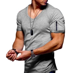 Summer Top Quality Hip Hop T Shirt Men Solid Color Design V-neck T-shirt Casual Classic Men's Clothing Tops Tee Shirt Men