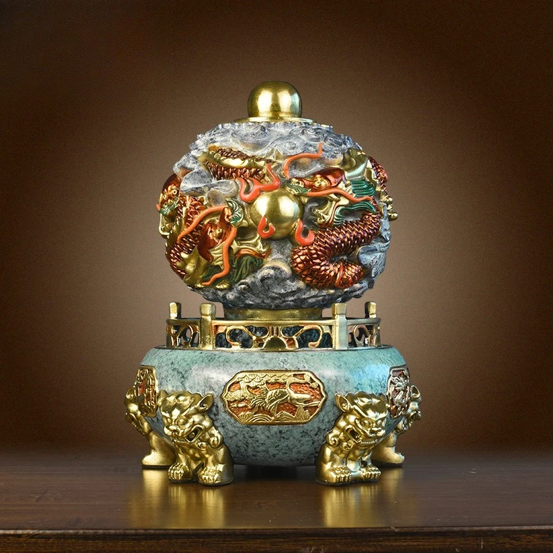 All-copper nine-turn Qiankun furnace dragon pattern tripod ornament cornucopia new Chinese office decoration handicrafts