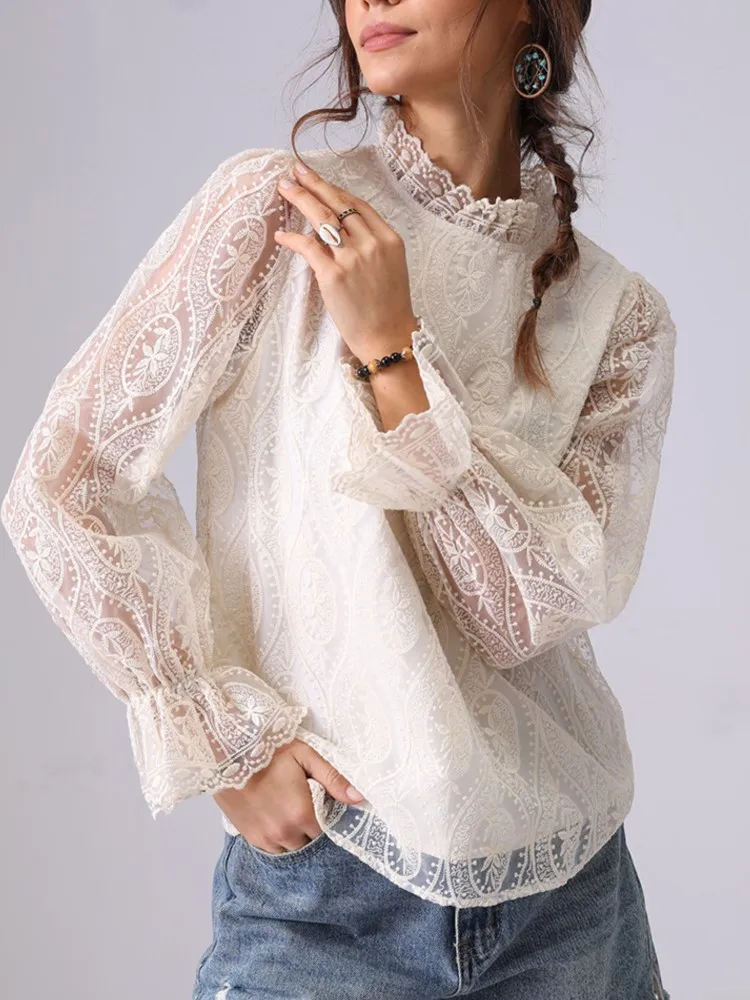 

2025 модная французская кружевная рубашка с вышивкой, топы, женские весенне-летние топы с длинными рукавами, женская блузка, рубашка
