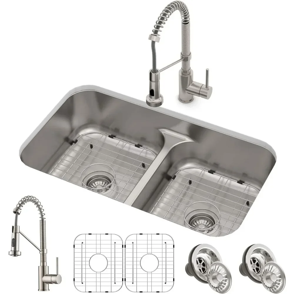 

33 Inch Kitchen Sink with 18 Inch Pull-Down Commercial Style Kitche Faucet, Spot Free Stainless Steel Finish, Kitchen Sink