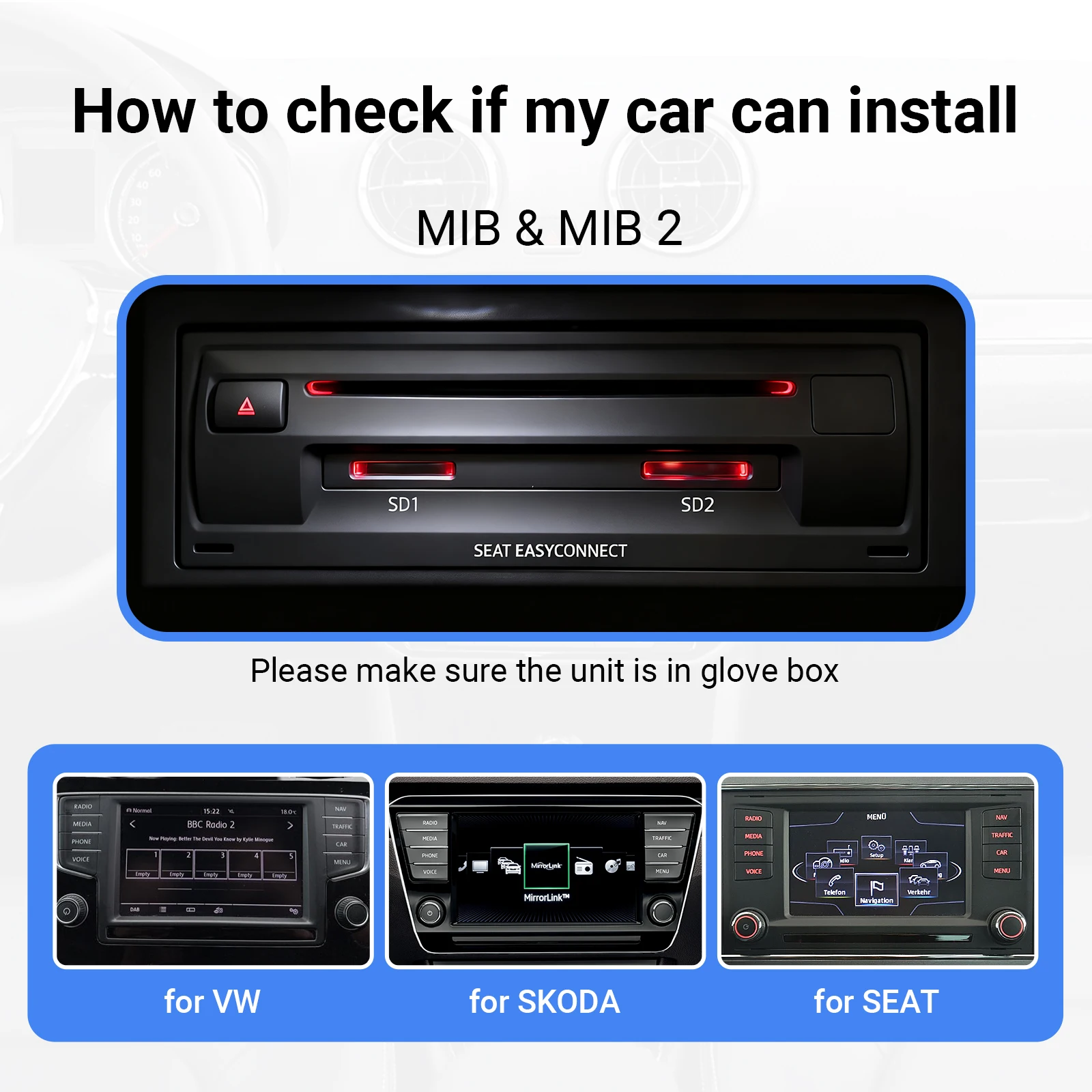 EzoneTronics OEM Screen Upgrade Decoder Box multimedia CarPlay Android auto for VW SOKDA SEAT MIB MIB2 platform Golf 7 Tiguan