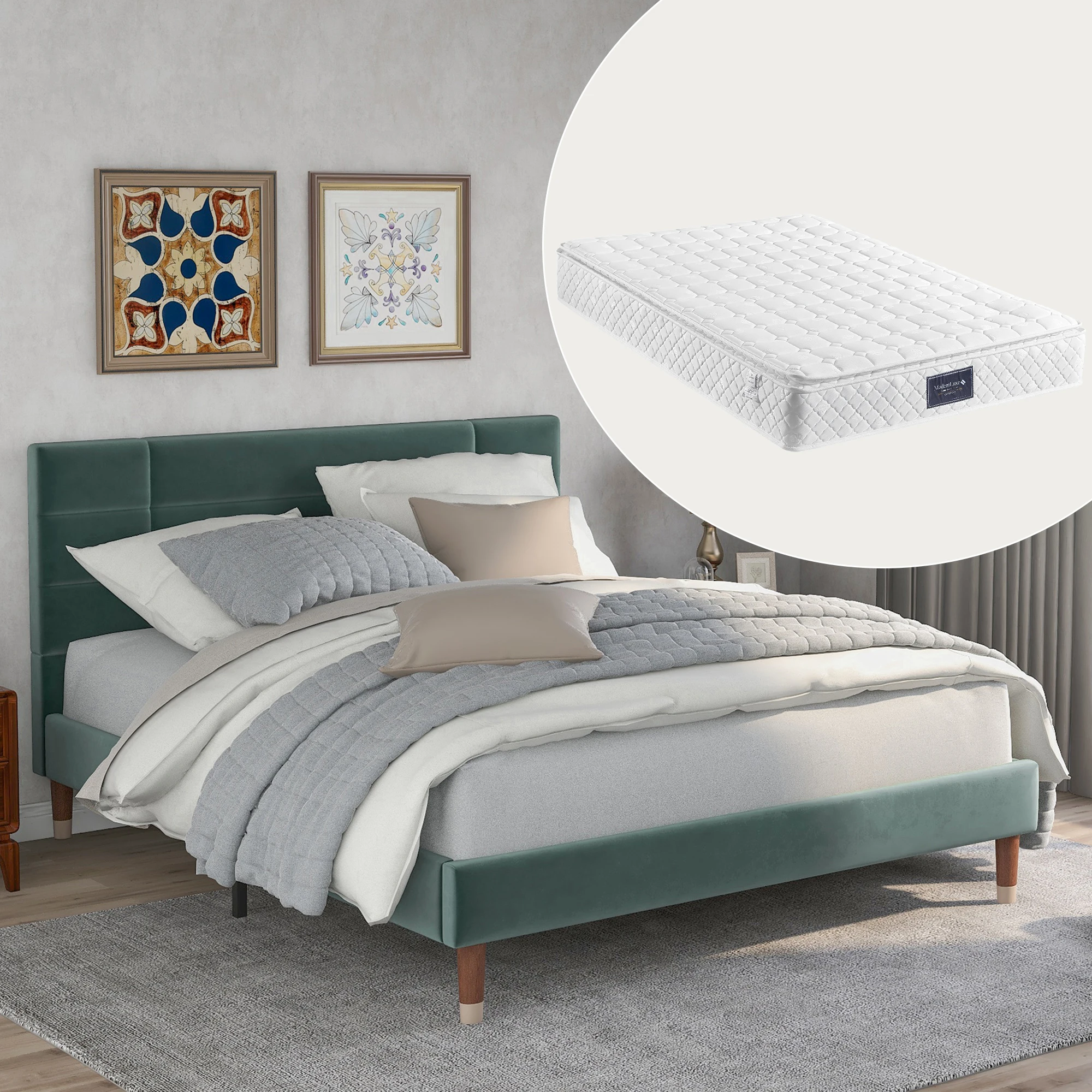 Lit double 140x200 cm - Lit capitoné avec sommier à lattes - Velours - avec matelas - Vert
