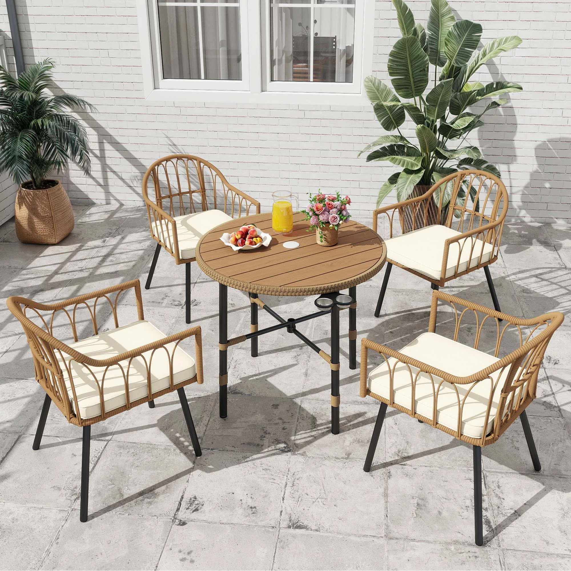 5 PCS Outdoor Patio Dining Set Rattan Wicker Chair Table UV & Weather-Resistant For Outdoor Conversation U