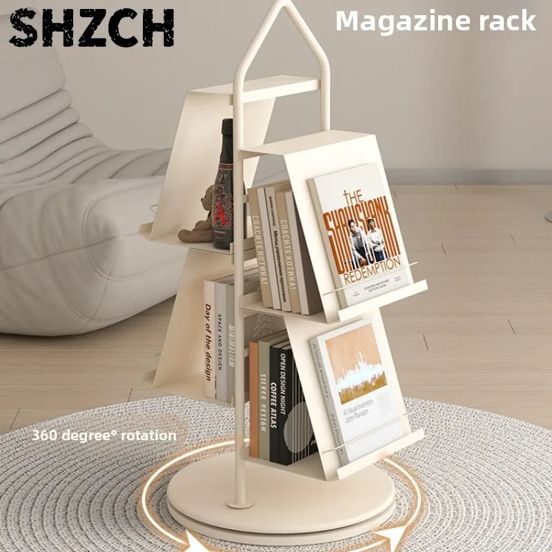 Cream Style Iron Bookcase Rotating Magazine Holder Floor Standing Tall Shelf for Living Room Sofa Side Newspaper Display Rack