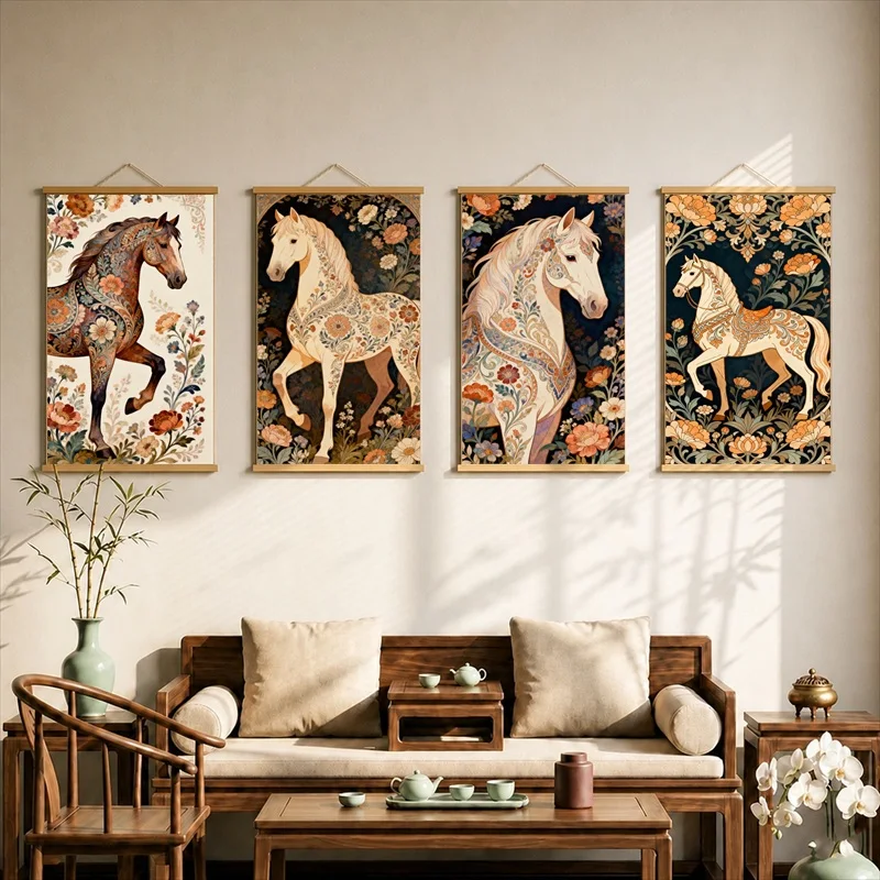 Wall Decorations Majestic Horse with Floral Halo, Art Nouveau Pearlescent Canvas Hanging Scroll with Wooden Rods for Study Room