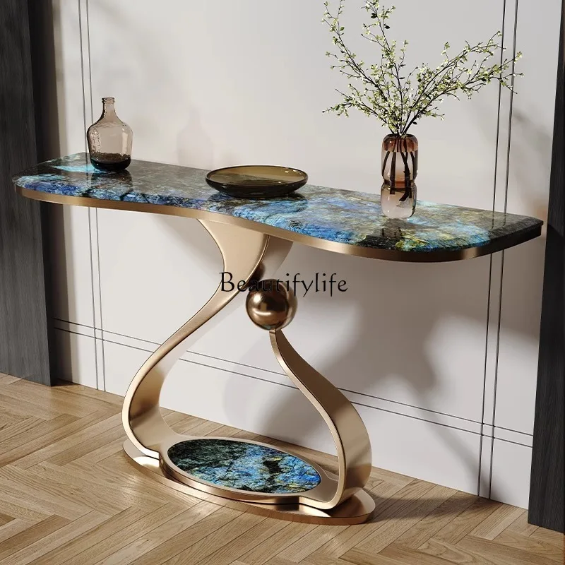 

02 Light luxury entrance table Modern simple stainless steel art entrance table End view table