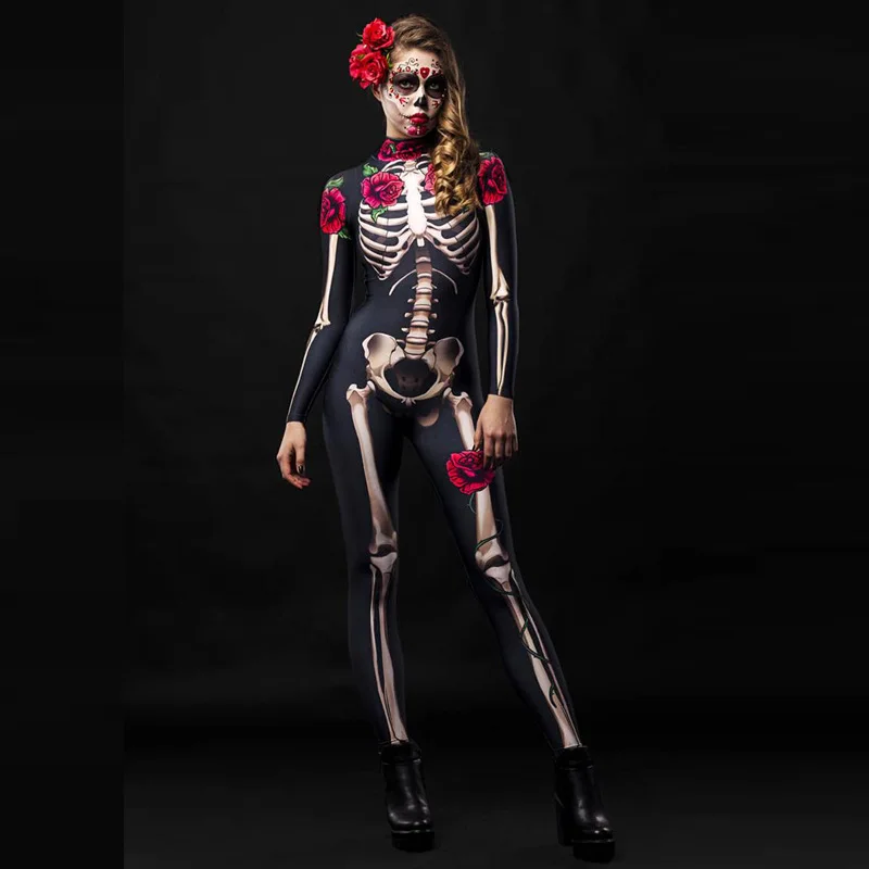 

Halloween Cosplay Long Sleeve Jumpsuit Carnival Party Tight Rompers Day of The Dead Rose Skeleton Adult Women Scary Costume