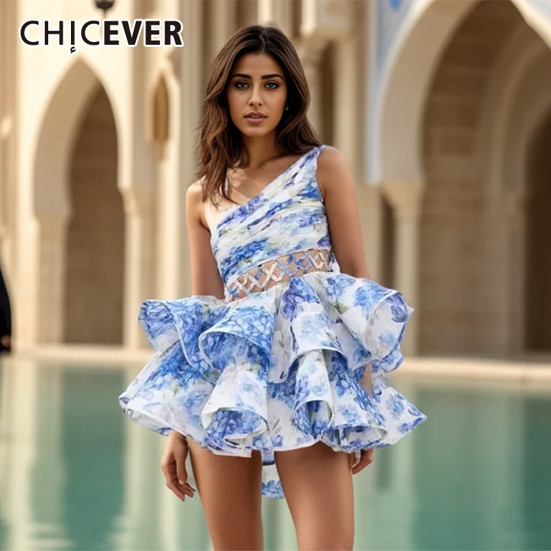 

CHICEVER Print Spliced Hollow Out Mini Dress Women Diagonal Collar One Sholder High Waist Patchwork Lace Up Folds Dresses Female