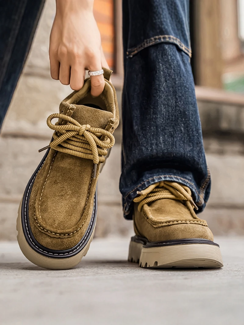 

Men's Boots Winter Casual Thick Bottom Heightening Frosted Leather Shoes British Style Short Tube round Toe Rubber Sole