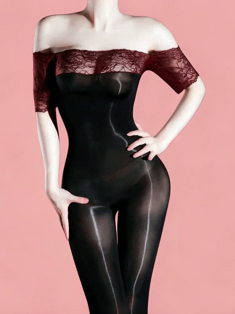 Women 5D Thin Lace Off Shoulder Jumpsuit Elastic Oil Shiny Glossy Package Hip Shaping Woman Bodycon Tights Bodysuit Maid Leotard
