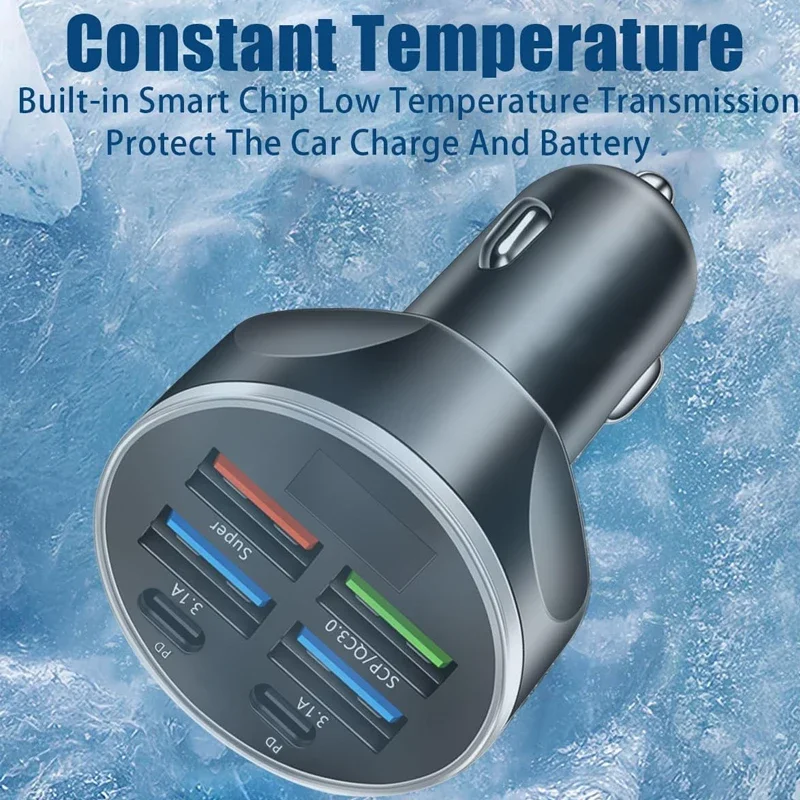 6 in 1 USB C Car Charger Adapter with Voltage Monitor Fast Charging in Car for iPhone Samsung Vivo OPPO Oneplus Mobile Phones