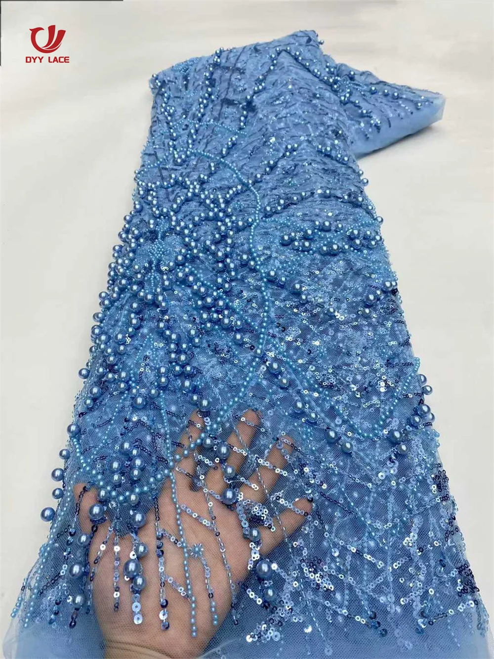 

5 Yards Luxury African Groom Sequins Lace Fabric 2025 High Quality French Embroidery Heavy Beads Lace Nigerian Sewing Material