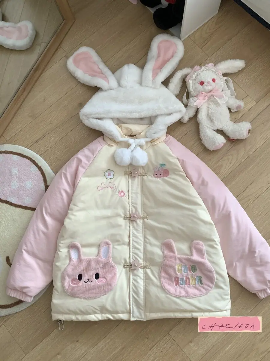 

Harajuku свободная повседневная утолщенная теплая одежда Y2K зимнее пальто с рисунком Лолита Паркера с вышивкой милая шапка с кроличьими ушками куртка с капюшоном