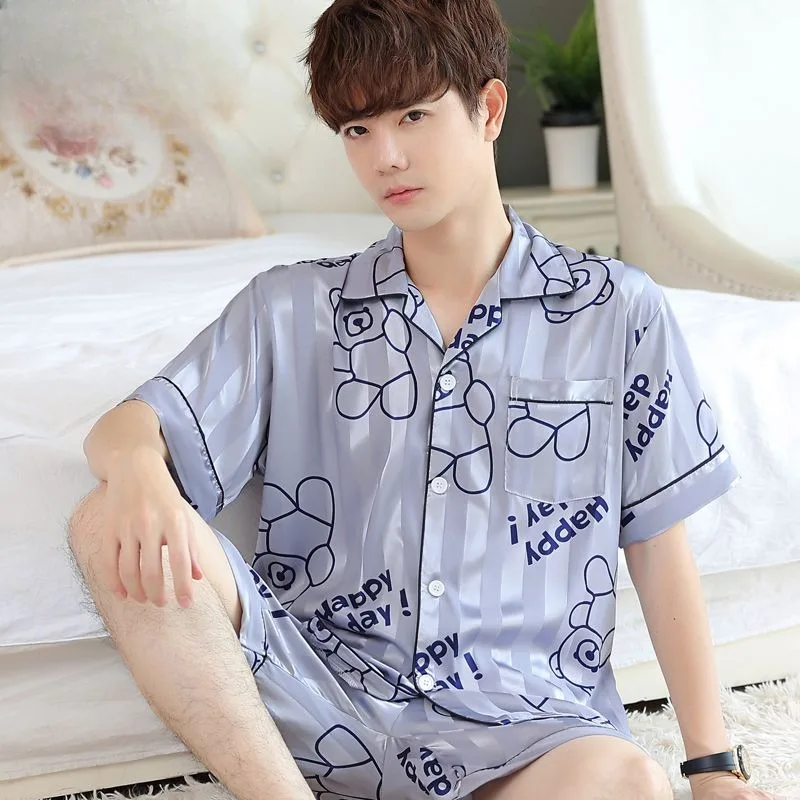 Younger Pajamas Summer New Men's Handsome Cardigan Home Clothes Set Ice Silk Thin Short-sleeved Shorts Outside Loungewear Suit