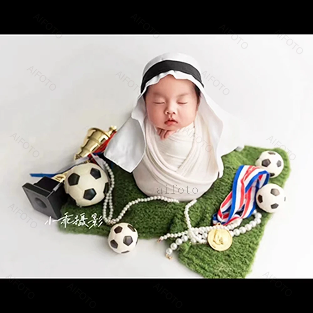 Newborn Photography Props Accessories Arab White Kerchief+Robe+Wraps Baby Photo Studio Shooting Clothes Headband Football Birth