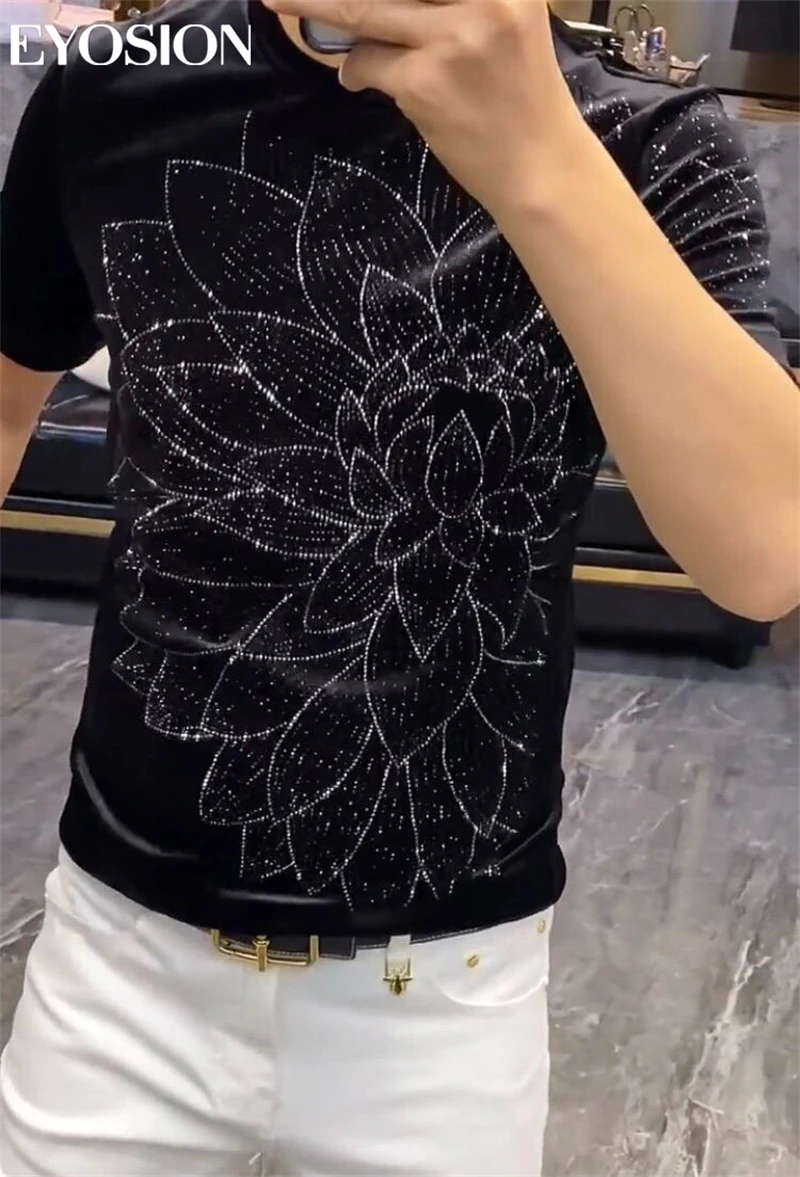 Summer Design Mens T-shirts Brilliant Rhinestone High Quality Mercerized Cotton Short Sleeves Tops Slim Fit Round Neck Tee