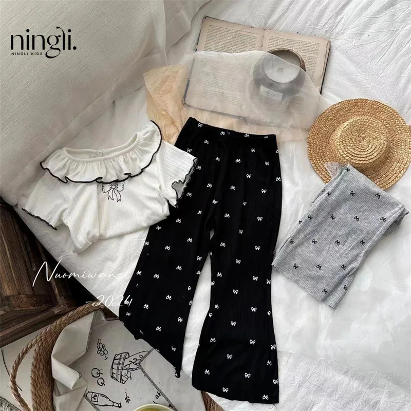 Girl Pant Children Summer Spring New Girls Modal Cotton Korean Style Foreign Style Bow Print Micro-cut Casual Pants