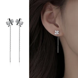 New Simple Clover Tassel Drop Earrings for Women Korean Fashion Dangle Earring Piercing Line Little Flower Trendy Ear Jewelry