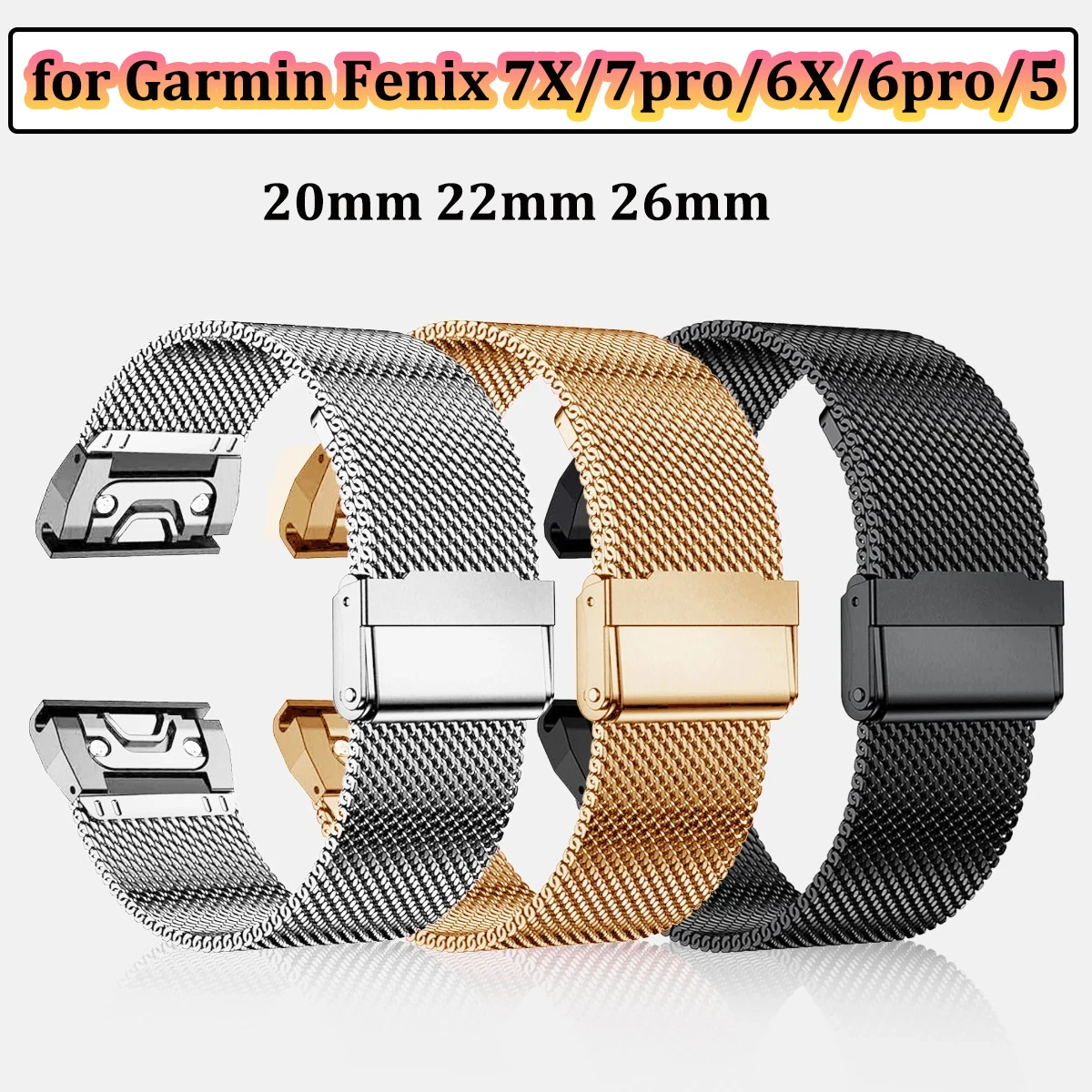 20mm 22mm 26mm Armband für Garmin Fenix 7X 6X 6pro 5X5 3HR Tactix 7Pro Metall 0,6 Mesh Milanese Armband Schnellverschluss Uhrenarmband