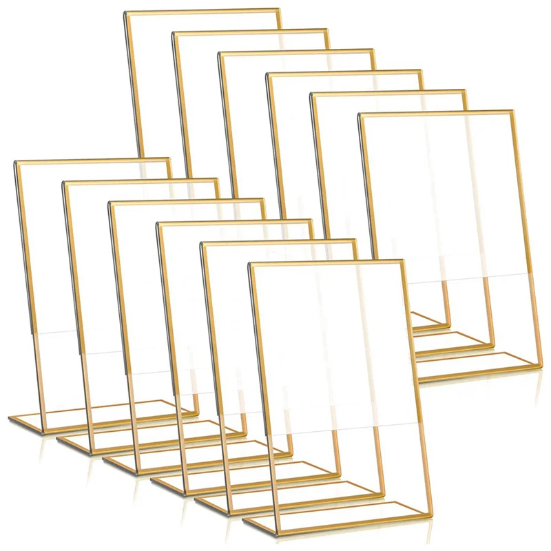 12 Stuks Goud Frame Acryl Bord Houder Bruiloft Tafelnummer Houder Schuine Menu Dubbelzijdige Standaard, 4X6Inch Verticaal