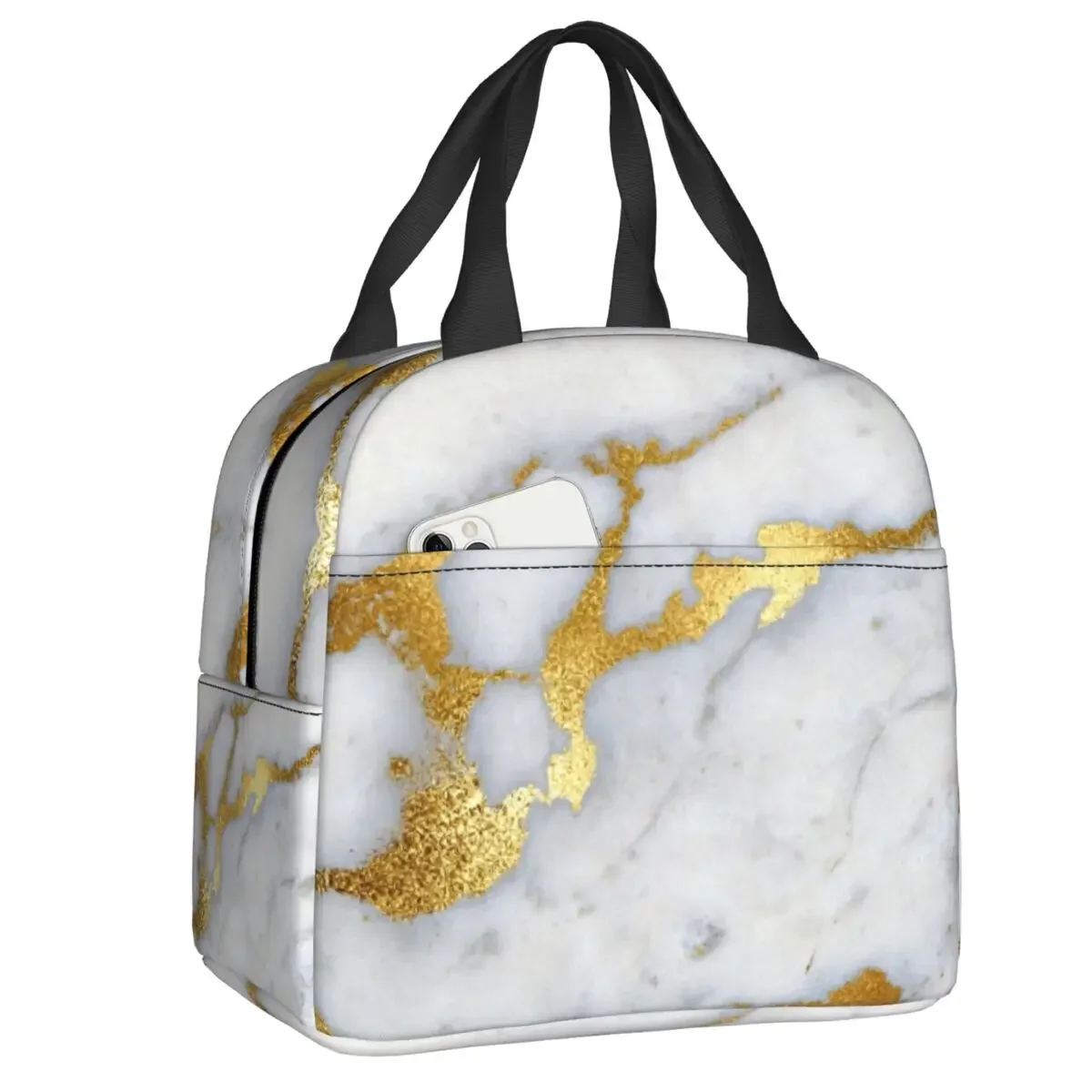 Gold Sparkle Veined Marble Insulated Lunch Bag for Women Abstract Modern Geometric Cooler Thermal Lunch Box Office Work School