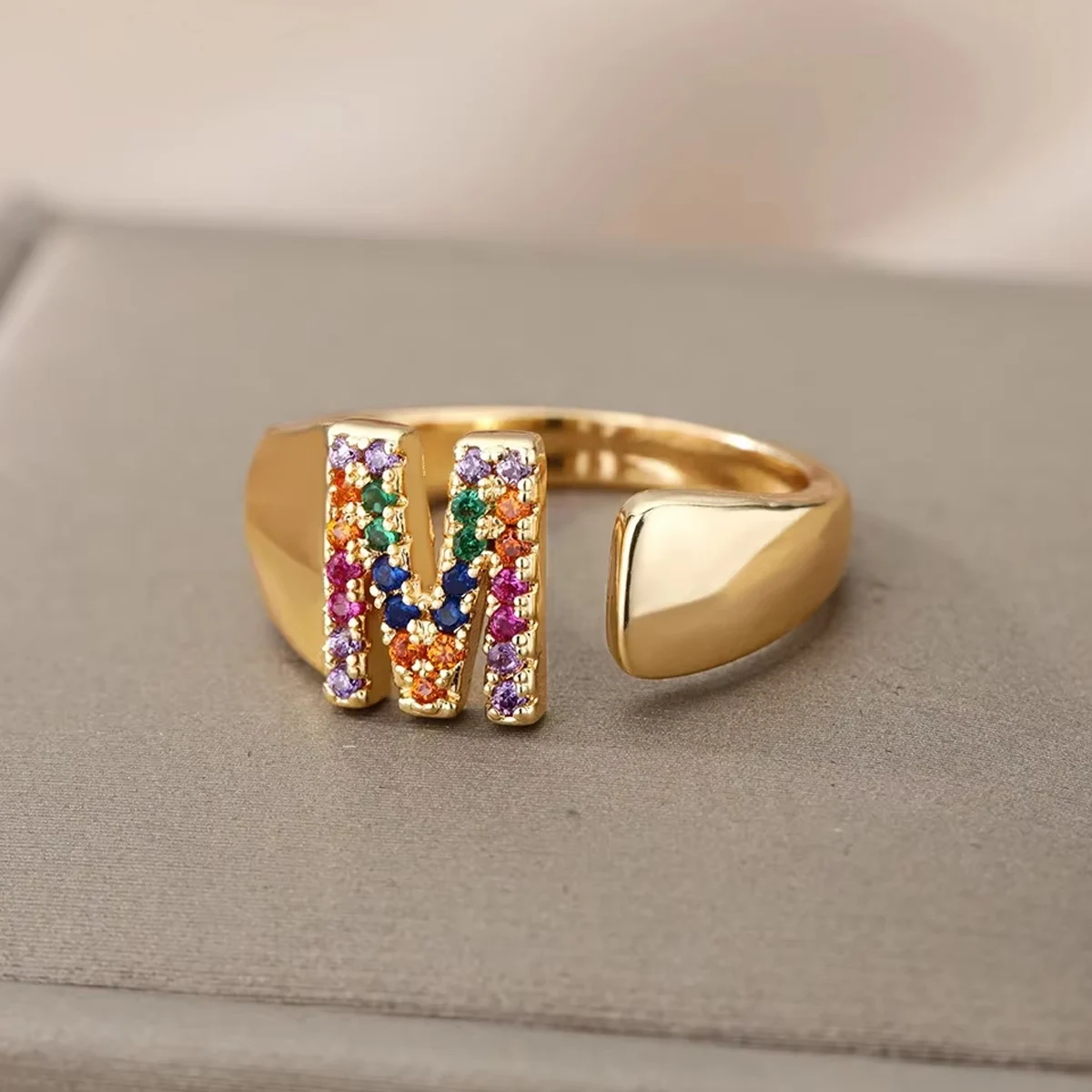 Multi Color Crystal Initial Letter Open Rings For Women Colorful Rhinestone Gold Plating Metal Finger Ring Fashion Jewelry Gift image 3