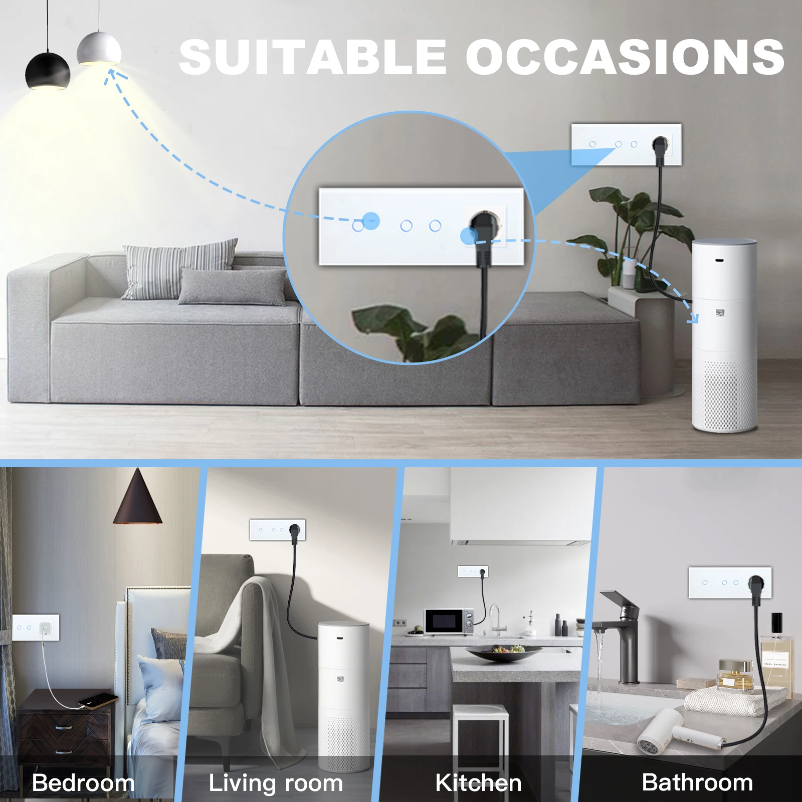 BSEED EU Standard 1/2Gang 1Way Wall Sensor Touch Switch With EU USB Wall Socket Phone Charge Type-c Glass Panel Led Light Switch