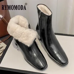 Women Snow Boots with Fur Split Cowhide Block Heel ZIP Genuine Leather Fall Winter Short Ankle Boot Black Booties Shoe Size 43