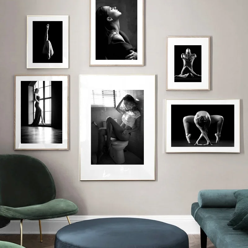 

Black White Sexy Nude Woman Body Art Canvas Painting Nordic Vintage Wall Poster for Living Room Decor