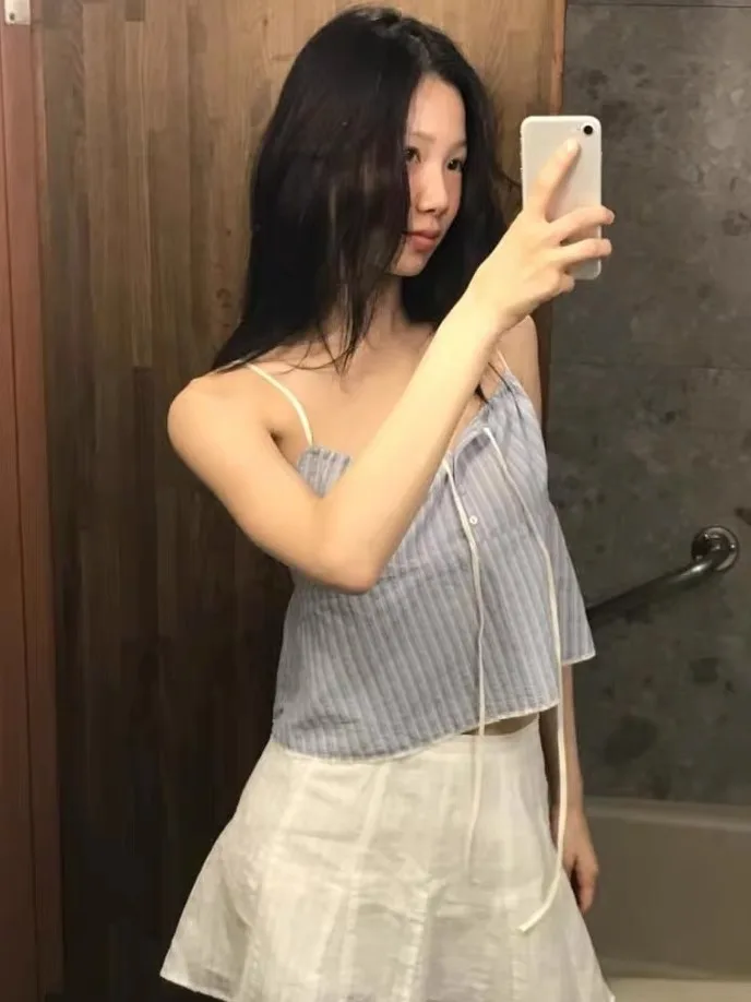 

Летний женский жилет на бретелях с узлом и завязкой в полоску Fre, антивозрастной многослойный корейский топ, тонкий цвет ort Sve