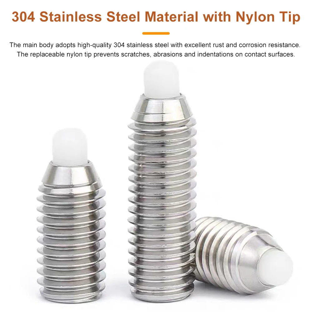304 Stainless Steel Allen Socket Plastic Spring Plunger Set Screws M4-M10 Hexagon Nylon Ball Pin Head Spring Loaded Set Screws