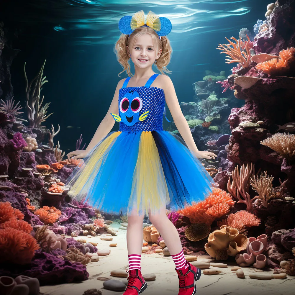 Girls Cartoon Fish Costume Set Kids Tulle Party Dresses+Hairband Blue Fish Halloween Cosplay Outfit for 2-12Y