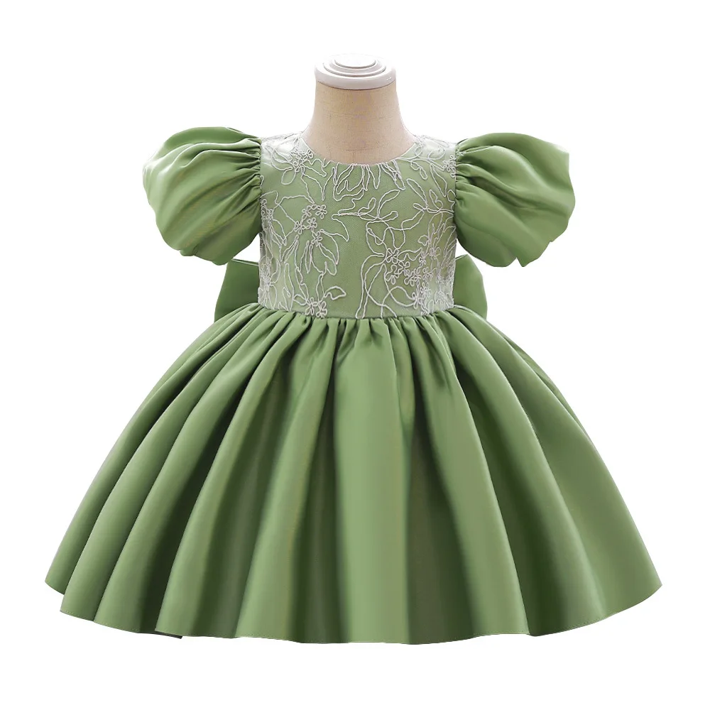 

New Summer Bow Party Bridesmaid Baby Girls Dresses Kids Clothe Green Wedding Baptism Princess 1st Birthday Dress for Girls Gown