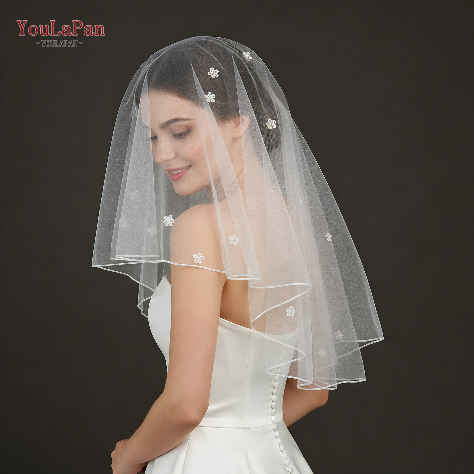 TOPQUEEN Velos De Novia Mini Lace Flower Decorated Single-Layer Mesh Pencil Edge Veil Without Comb For Brides Weddings M35