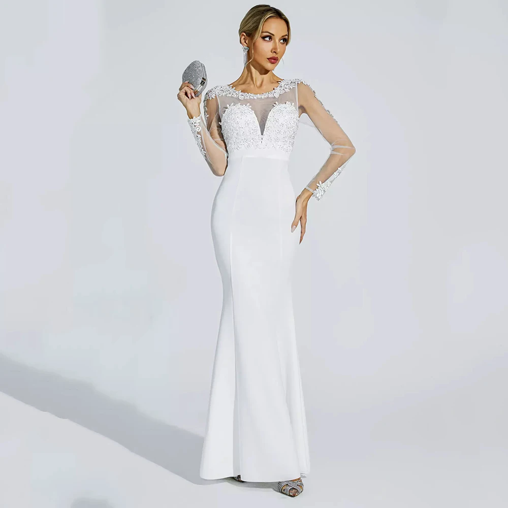 

Customized Simple Mermaid Jersey Evening Dress ILLUSION Full Sleeves With Lace Party Dress Sweep Train Ankle Length Prom Gown