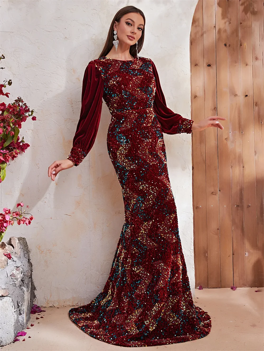 Burgundy velvet Mother of the Bride Dresses New Designer mermaid shiny bling Lace Long Sleeves Plus Size Mother of Groom Dresses