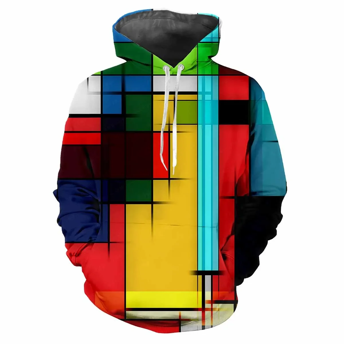 Fashionable plaid pattern men's hoodie casual digital printing hip-hop personality thick fleece fabric hooded long sleeved top