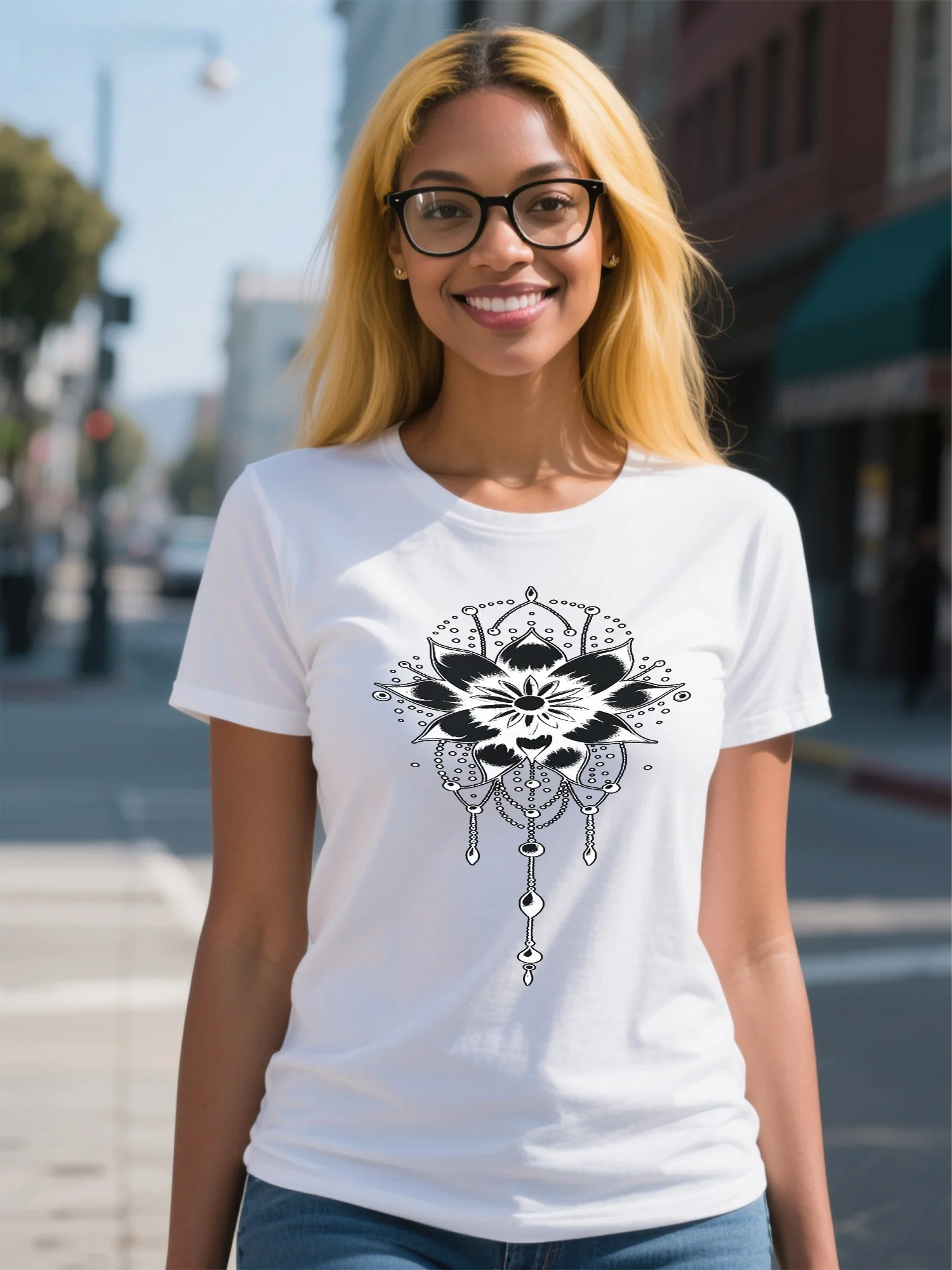 

Organic Cotton Women's T-Shirt - White High Street Vintage Neon Print, Moisture-Wicking Fabric for Summer 2025