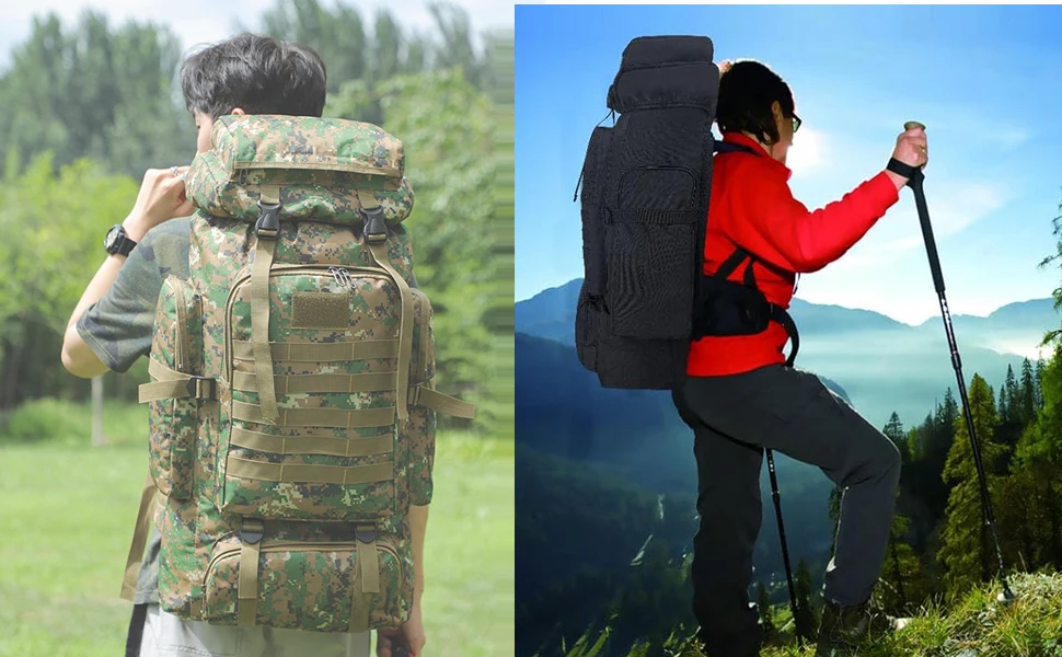 Split image showing two backpack scenarios: left shows camouflage tactical backpack, right shows hiker in red jacket using trekking poles with black backpack.