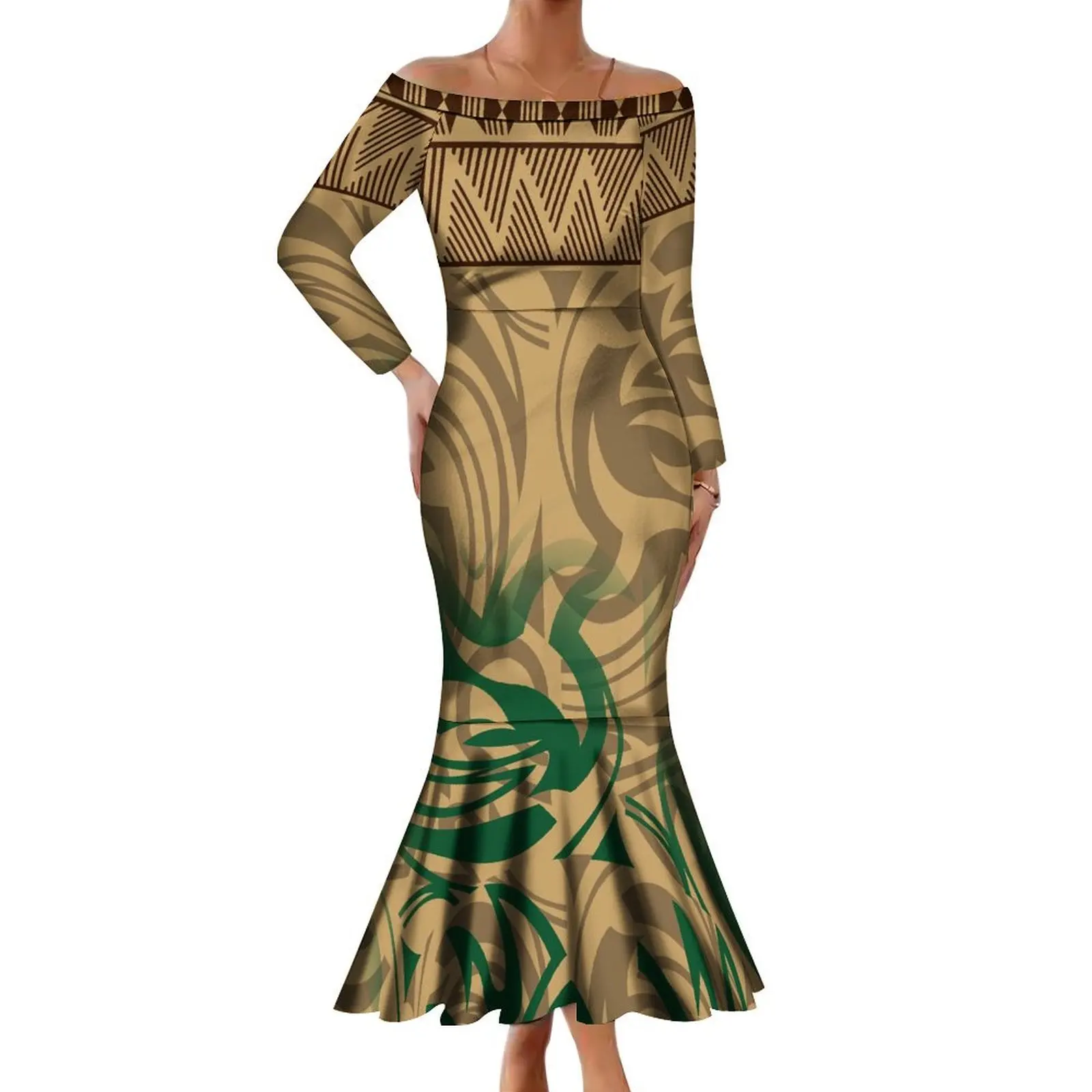 Polynesian Floral Custom Women'S Dress Fall New Line Shoulder Long Sleeve Soft And Comfortable Fabric Elegant Fishtail Dress