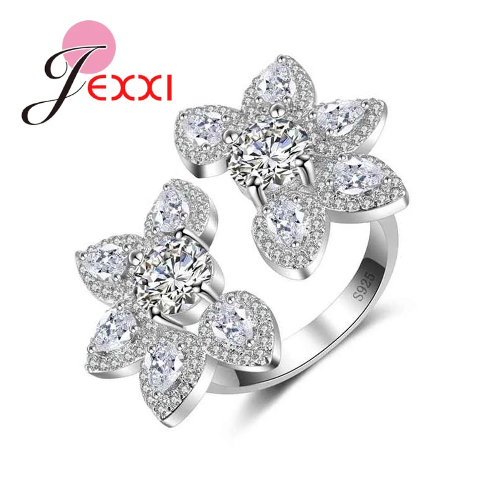 Elegant Flower Shape Crystal Wedding Ring For Women Adjustable Size Party Ceremony Accessories AAA Cubic Zirconia Anillo