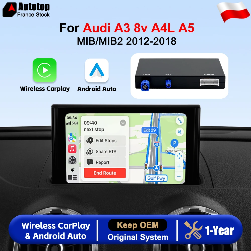 AUTOTOP – bezprzewodowy system CarPlay i Android Auto do samochodów Audi A3 S3 8V, A4L, A5, Q2L, Q5L, MIB, MIB2 (roczniki 2013–2018). Moduł do aktualizacji, dekoder, system nawigacji, akcesoria