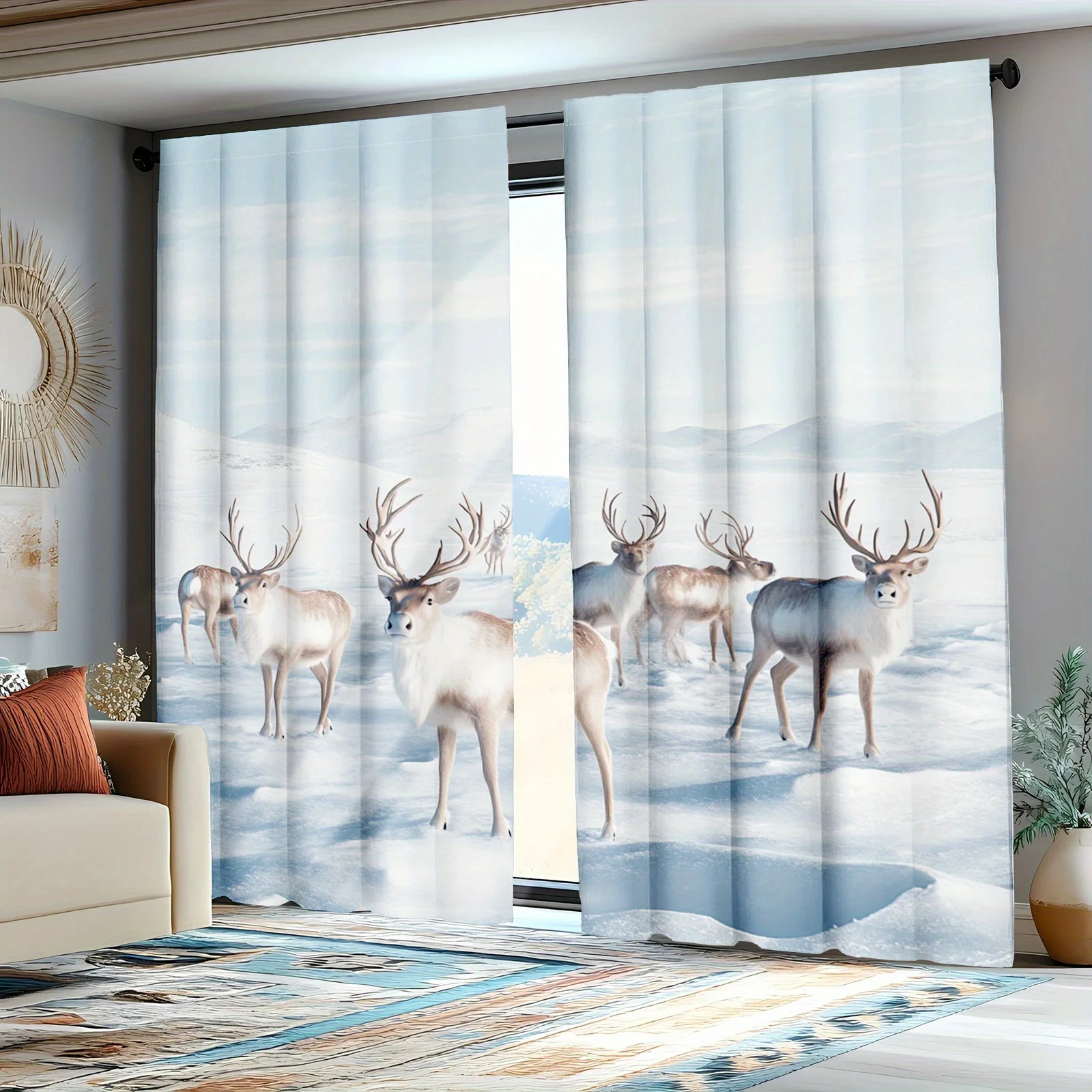 2pc Tromso Reindeer Curtains - Norwegian Winter Wildlife Pattern, Polyester Fabric, Perfect for Bedroom, Machine Washable