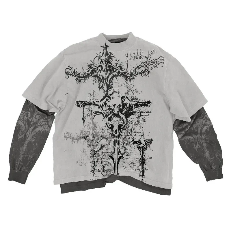 

Y2K New Fake Two Piece T-shirt American Retro Round Neck Long Sleeve Couple's Street Hip Hop Harajuku Gothic Casual Loose Tops