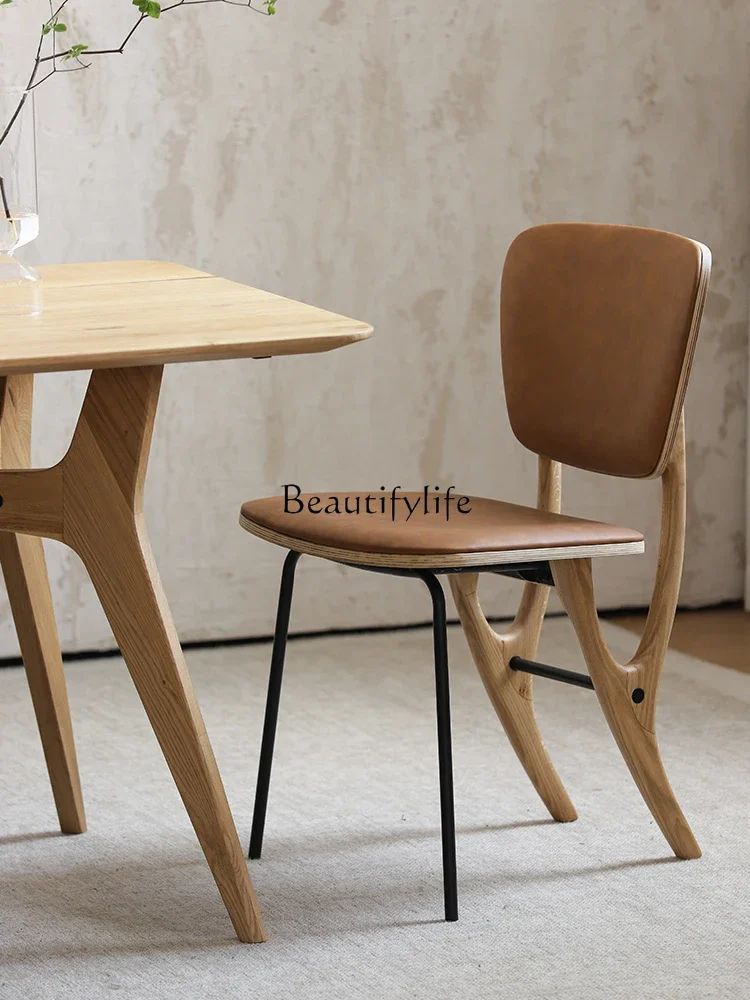 Retro Nostalgic Nordic Mid-Ancient Design Imported Oak Iron Leather Soft Bag Design Dining Chair